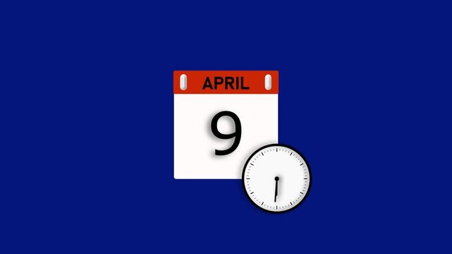 April month 9 date animation. Calendar and clock icon video, on white background. Stunning 4k animation.