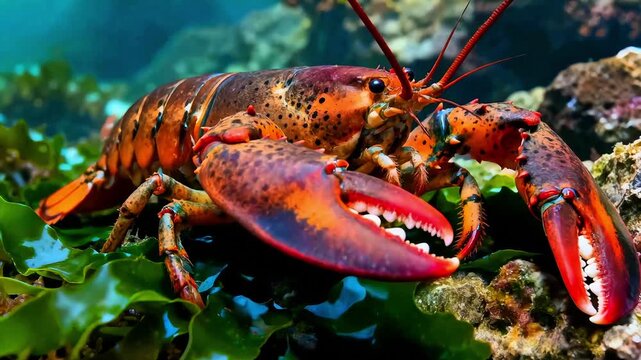American lobster crustacean marine life ocean creature clawed arthropod sea bottom habitat underwater fauna invertebrate decapod saltwater edible seafood nature wildlife photography aquarium display d