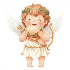 Cute Cupid Angel Eating Sandwich Watercolor Vector Illustration on White Background
