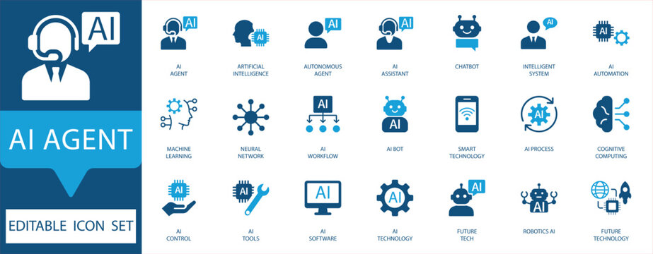 AI Agent Icon Set. Vectors for Artificial Intelligence, machine learning, neural networks, automation, chatbots, and futuristic technology.
