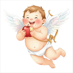 Cute Cupid Angel Eating Apple Watercolor Vector Illustration on White Background
