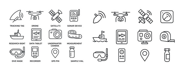 Icon set of tracking, drone, satellite, sonar, and research tool