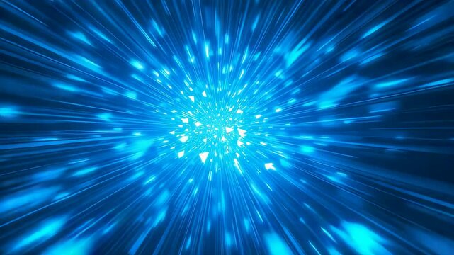 Radiating blue energy burst with fast moving light particles creating deep space motion effect, powerful abstract speed and immersive visual intensity