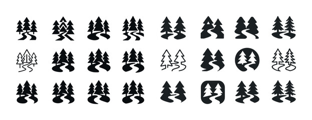 Obraz premium Silhouette collection of pine tree and pathway designs
