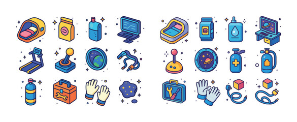 Colorful science and technology icons collection: gadgets, space