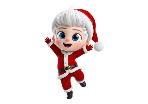 high-quality 3d rendered cute chibi boy character with spiky white hair, red velvet santa suit, vigorously jumping on a transparent background. christmas holiday celebration concept