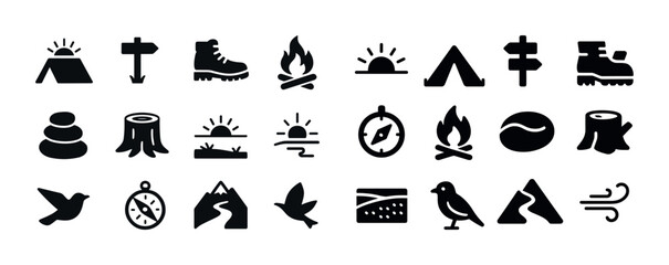 Outdoor adventure icon set: camping, hiking, nature symbols in b