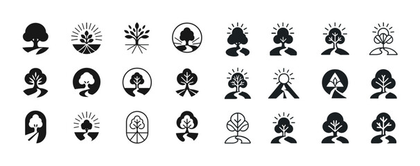Collection of nature icon designs featuring trees and sun elemen