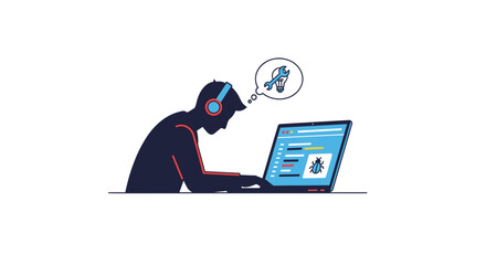 Programmer fixing bugs  with headphones and thinking about coding  