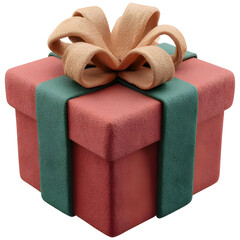 Red gift box with green ribbon and beige bow