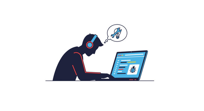 Programmer fixing bugs  with headphones and thinking about coding   - Powered by Adobe