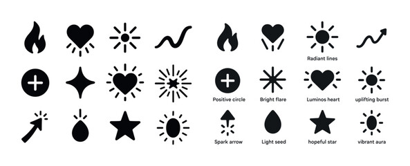 Fototapeta premium Assorted black symbols: hearts, stars, arrows, circles, sparks,