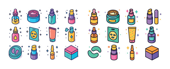 Colorful skincare and beauty product icons with various containe