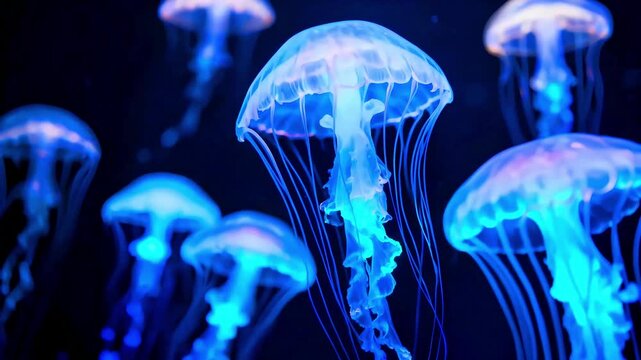 Bioluminescent jellyfish swimming in dark ocean water glowing blue marine life underwater ecosystem deep sea creatures ethereal aquatic animals vibrant natural beauty ethereal glow mesmerizing aquatic