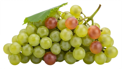 Fresh green and red grapes cluster with leaf on transparent background