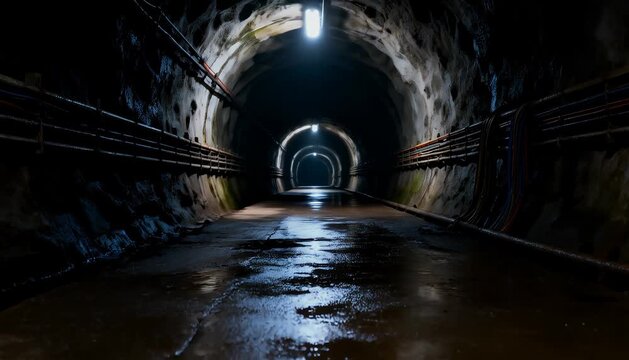 Mysterious underground tunnel passage with multicolored cables and wet floor reflections for exploration,.