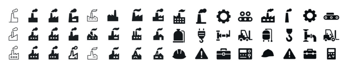 Fototapeta premium Industrial icon set: factories, tools, machines, and safety symb
