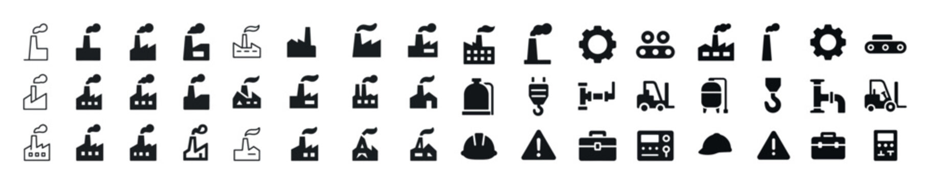 Industrial icon set: factories, tools, machines, and safety symb