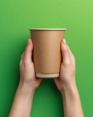 Hands Holding Brown Paper Cup on Green Background.