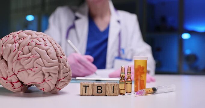 Wooden cubes on desk spell word TBI near realistic brain model. Medical specialist writes detailed report about traumatic brain injury treatment