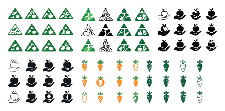 Collection of fruit and vegetable icons in triangular and circul
