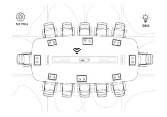 Modern Conference Room Setup Aerial View Collaboration Meetings and Brainstorming at a Boardroom Table layout architecture interior design icons exclusive
