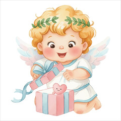 Cute Cupid Angel Opening Gift Watercolor Vector Illustration on White Background

