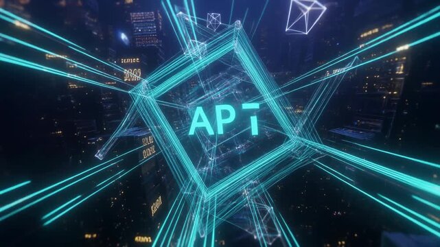 Neon-lit API logo with glowing blue lines and geometric shapes against a dark cityscape background at night.