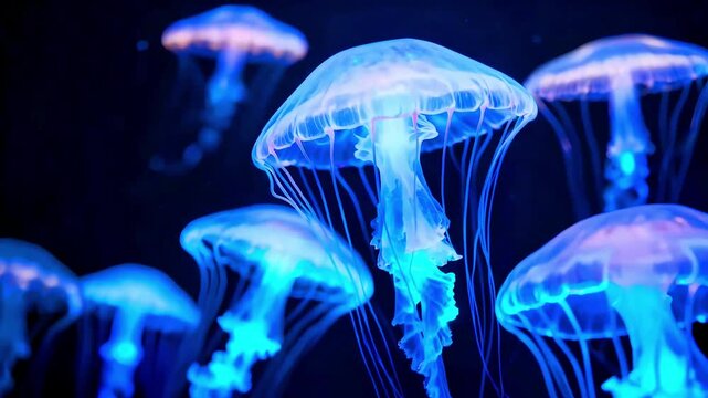 Bioluminescent jellyfish swimming in dark ocean water glowing blue and purple marine life underwater ecosystem aquatic creatures deep sea ethereal beauty natural wonder vibrant illumination ethereal g