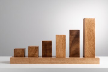 Wooden blocks arranged in a rising bar chart on a shelf representing business growth and financial progress