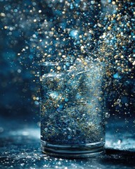 Sparkling Blue Liquid in Clear Glass on Dark Surface.