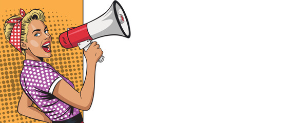 A beautiful girl with a megaphone against the background of a blank banner in pop art style © дима селиванов