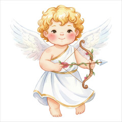 Cute Cupid Angel Standing Watercolor Vector Illustration on White Background
