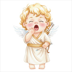 Cute Cupid Angel Yawning Watercolor Vector Illustration on White Background
