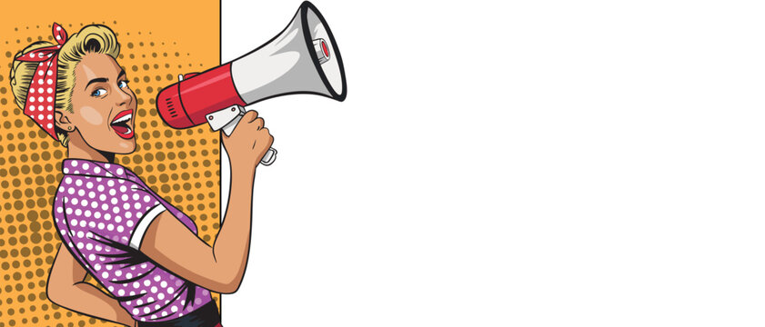 A beautiful girl with a megaphone against the background of a blank banner in pop art style