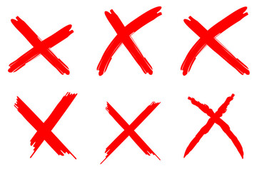 Brush stroke X cross mark set. Hand drawn brush cross, ban, refusal. Marker sketch. Highlighting text and important objects. Stock vector illustration isolated on white background.	