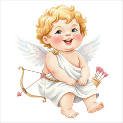Cute Cupid Angel Sitting Watercolor Vector Illustration on White Background
