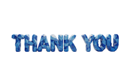 Thank you text rendered in a striking blue low poly 3d graphic style on a black background
