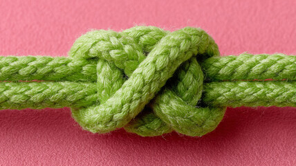 Close-up of green rope knot on pink textured background.