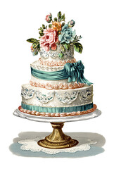 Romantic wedding cake vintage illustration on white background