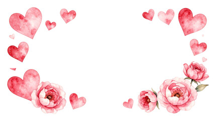 Watercolor Valentine&rsquo;s Day Floral Frame with Hearts &mdash; Romantic Clipart Border
