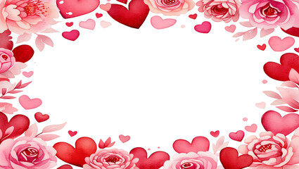 Watercolor Valentine&rsquo;s Day Floral Frame with Hearts &mdash; Romantic Clipart Border