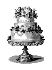 balck and white wedding cake ,vintage illustration on white background