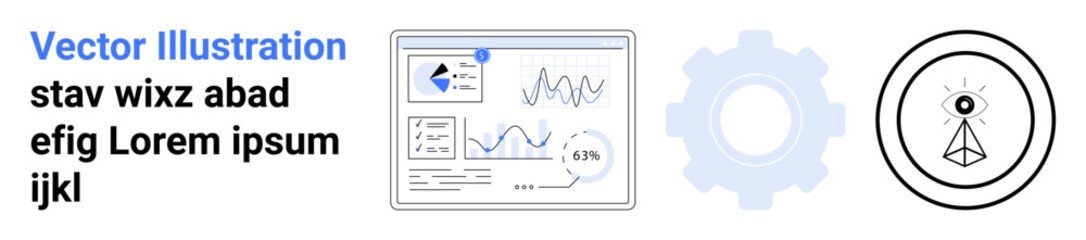 Technology, analytics, innovation, data science, business tools, futuristic design. Graphs and charts on display, gear symbol and abstract geometric eye icon. Technology and analytics concept