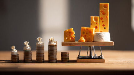 financial optimization cheese slicer shaving small waste icons off profit bar, conceptual clean metaphor