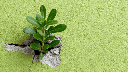 Small plant growing through a crack in a green wall.