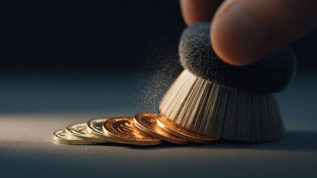 financial reset sponge wiping outdated coin icons, revealing fresh ones, symbolic renewal, 