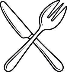 Naklejka premium Crossed Fork and Knife Hand-Drawn Sketch Icon, Restaurant Cutlery Symbol, Simple Kitchen Utensil Black and White Doodle Drawing, Culinary Art Concept.