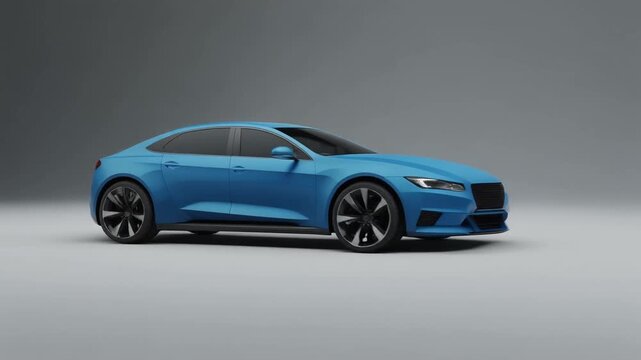 "Modern blue sedan with sharp lines and black alloy wheels in studio setting."