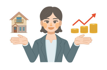 建物の資産価値が上昇して喜ぶ、スーツ姿の女性のイラスト